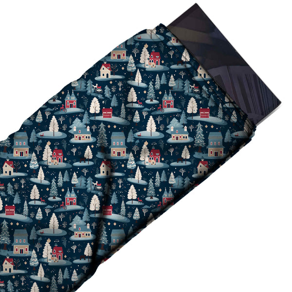 Dark Navy & Slate Blue Snow Mound Cottages Printed Pure Natural Crepe Fabric