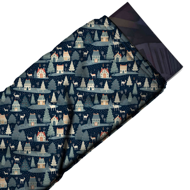 Flat fabric swatch: one-way all-over print of small cream and peach houses with coral, design Design No_4662, Clothwala