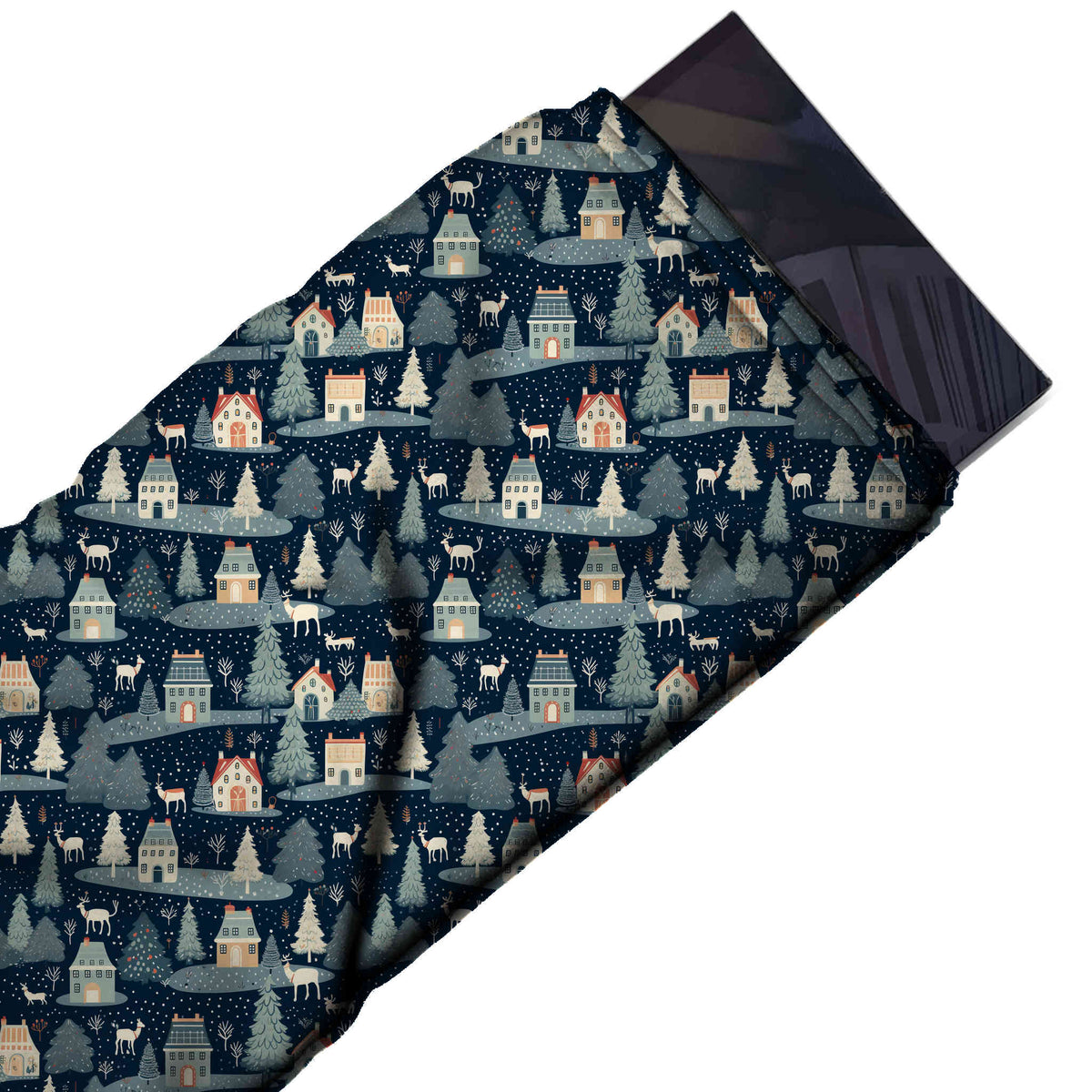 Flat fabric swatch: one-way all-over print of small cream and peach houses with coral, design Design No_4662, Clothwala