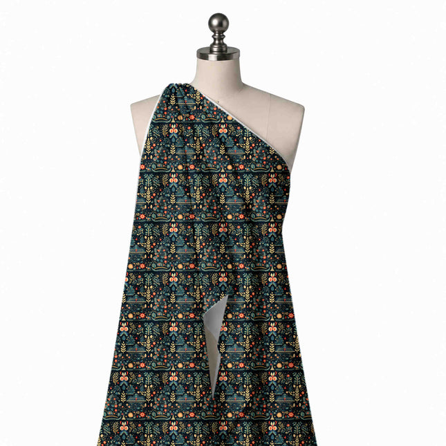 Draped on a mannequin: dense folk-art print in horizontal bands of upright cream-yellow, design Design No_4914, Clothwala
