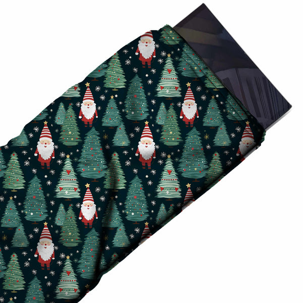 Dark Navy & Teal Green Gnome & Fir Forest Printed Pure Natural Crepe Fabric