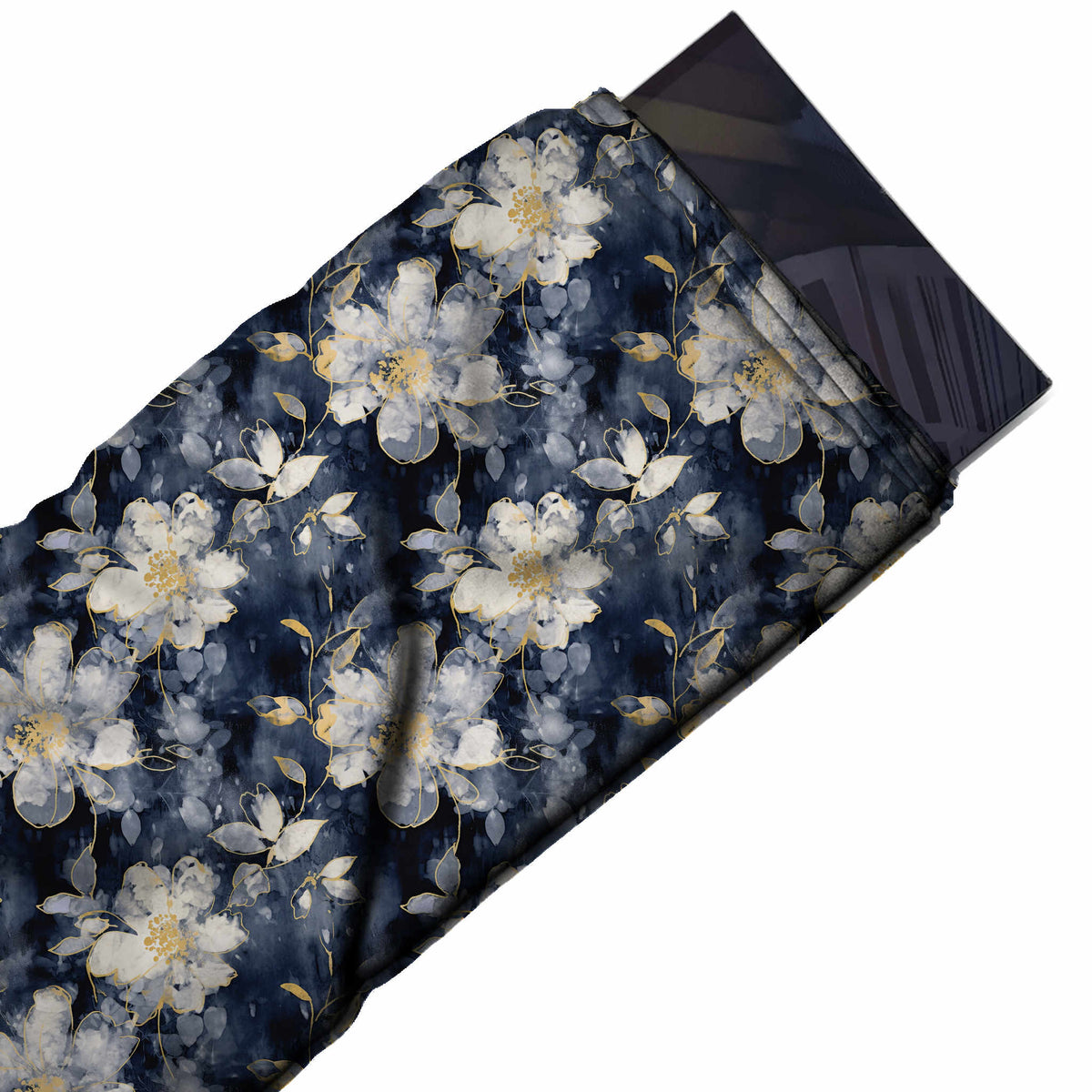 Flat fabric swatch: all-over floral of translucent white and lilac grey blooms with pale yellow, design 3533, Clothwala