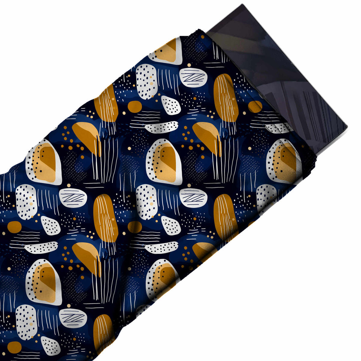 Flat fabric swatch: all-over abstract of medium-scale white pebble shapes filled with navy dots, design 3694, Clothwala