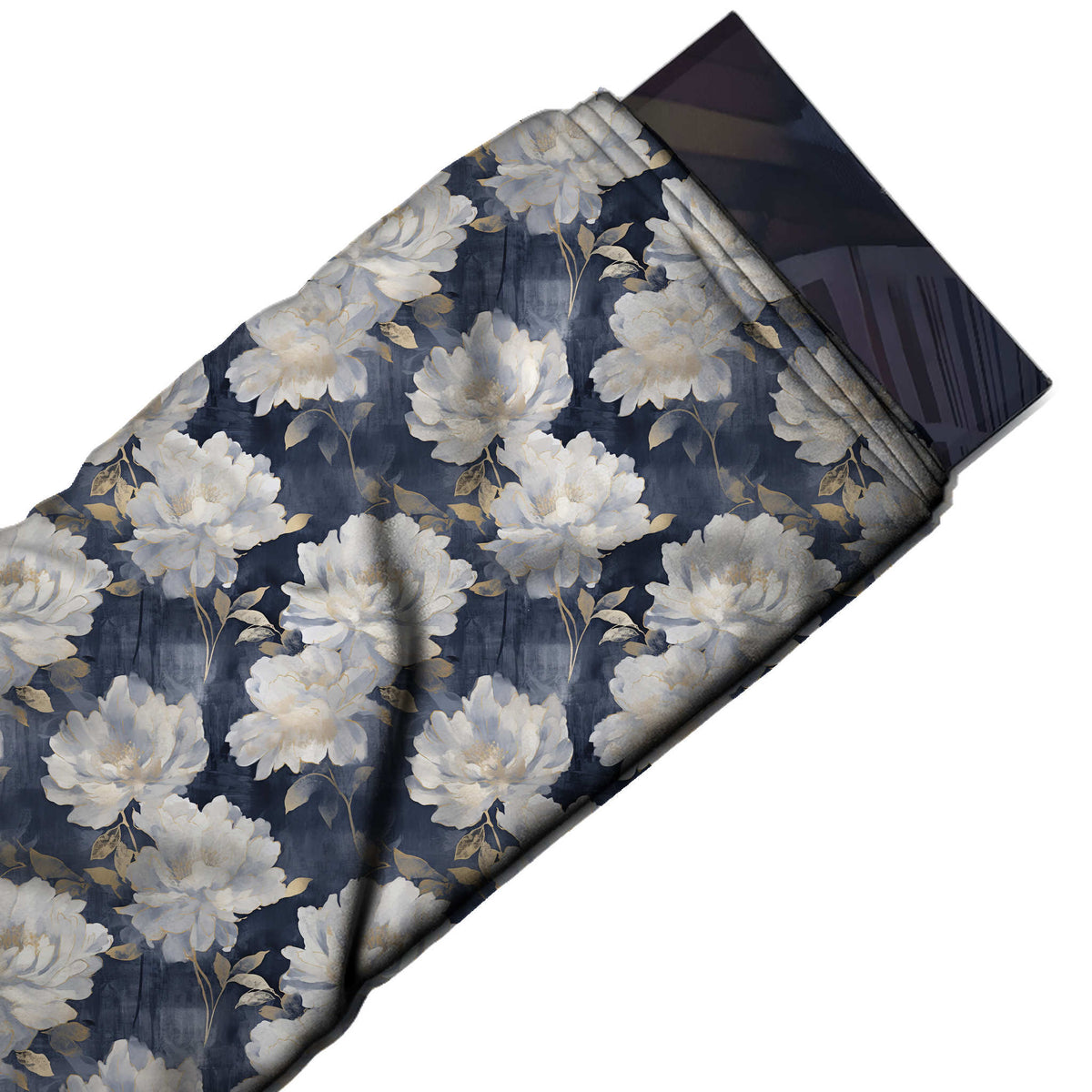 Dark Navy & White Large White Peonies Printed Moss Crepe Fabric - flat fabric swatch, design Design No_3845, Clothwala
