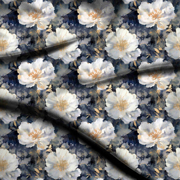 Dark Navy & White Peach Centre Peonies Printed Moss Crepe Fabric