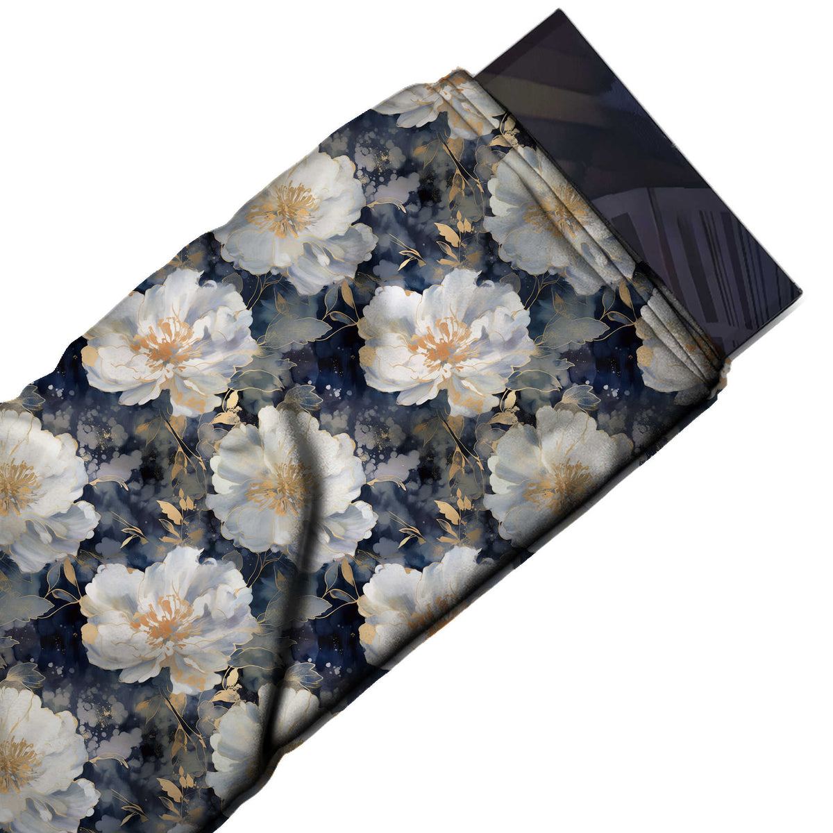Flat fabric swatch: all-over floral of large white peonies with peach centres, design 3545, Clothwala