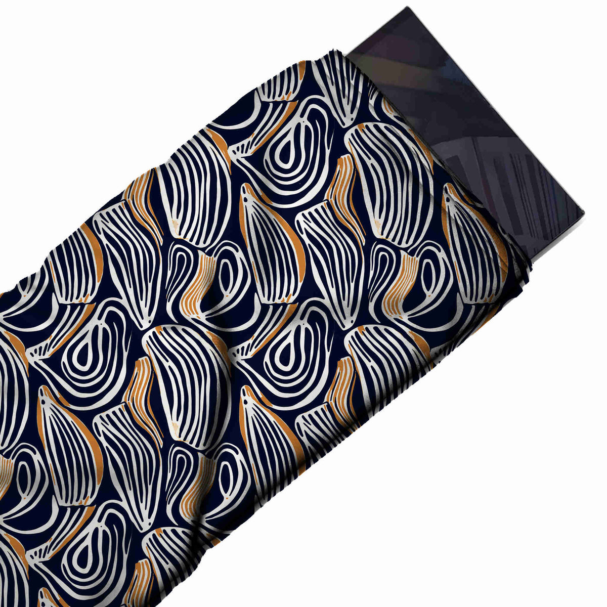 Flat fabric swatch: all-over overlapping medium to large lobed and shell-like shapes drawn in white, design 3698, Clothwala