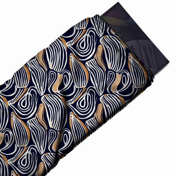 Dark Navy & White Striated Shell Lobes Printed Moss Crepe Fabric