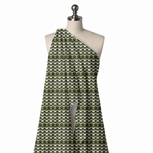 Dark Olive Black & Olive Green Banded Arc Scallops Printed French Crepe Fabric