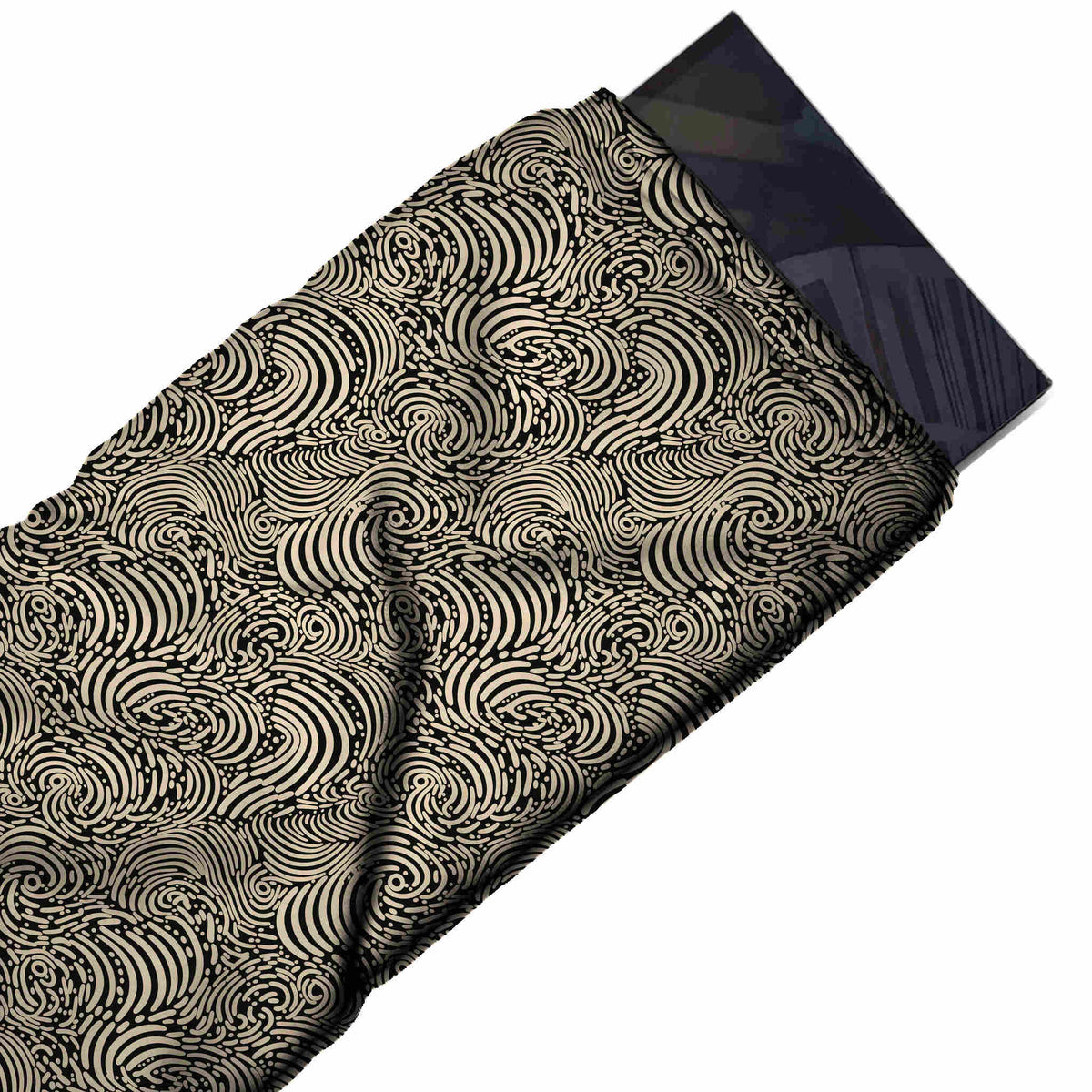 Dark Olive & Blush Pink Striped Wave Whorls Printed Moss Crepe Fabric - flat fabric swatch, design Design No_3725, Clothwala