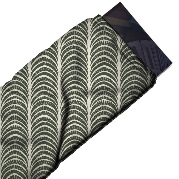 Dark Olive Grey & Cream Stacked Arch Columns Printed French Crepe Fabric