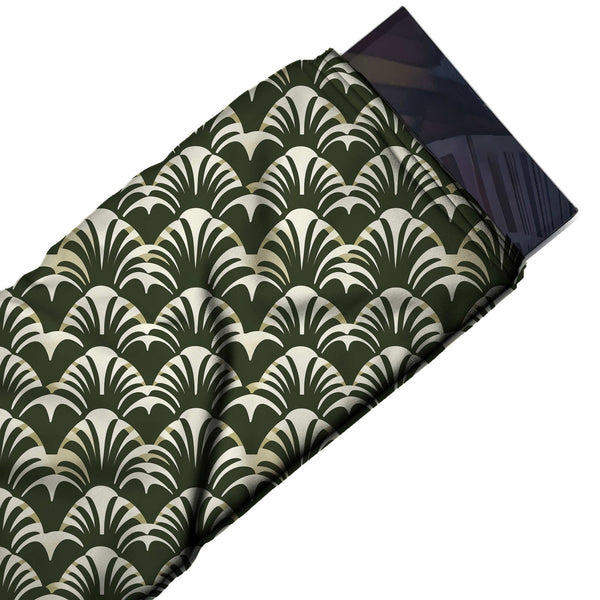 Dark Olive & Ivory Art Deco Fan Printed French Crepe Fabric