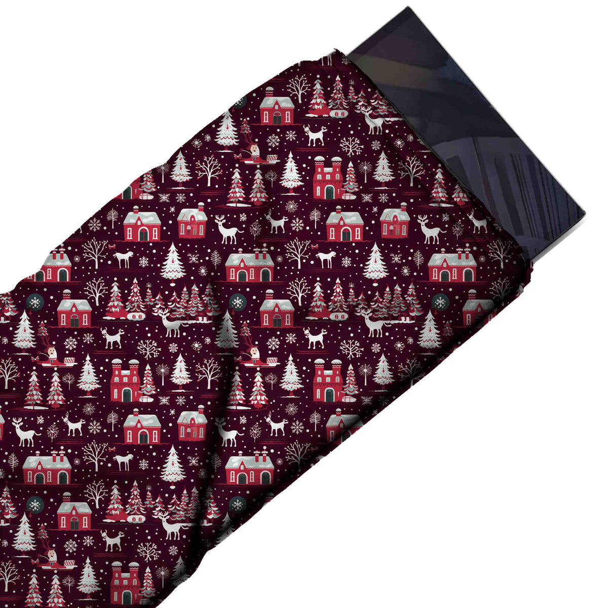 Flat fabric swatch: all-over winter village print of raspberry red houses with white snow, design Design No_4621, Clothwala