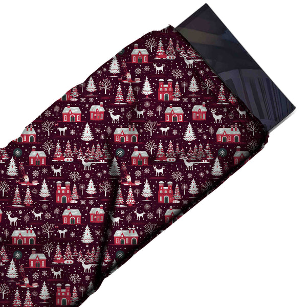 Dark Plum Maroon & Raspberry Red Snow Roof Houses & Deer Printed Pure Natural Crepe Fabric