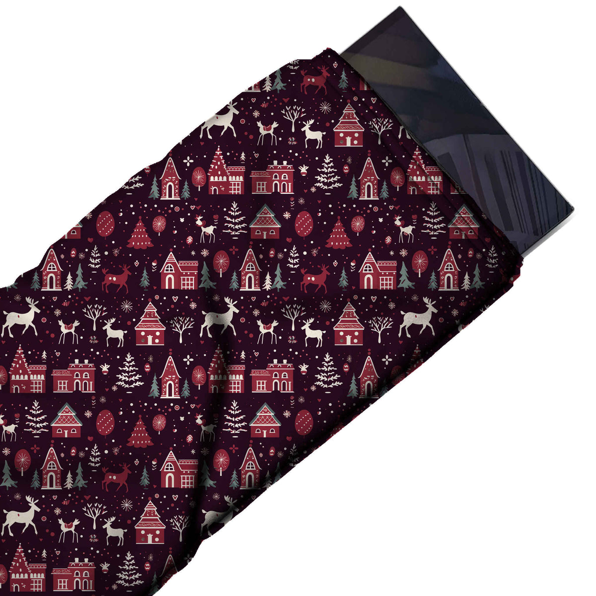 Flat fabric swatch: row-set all-over winter print of raspberry red patterned houses, design Design No_4615, Clothwala