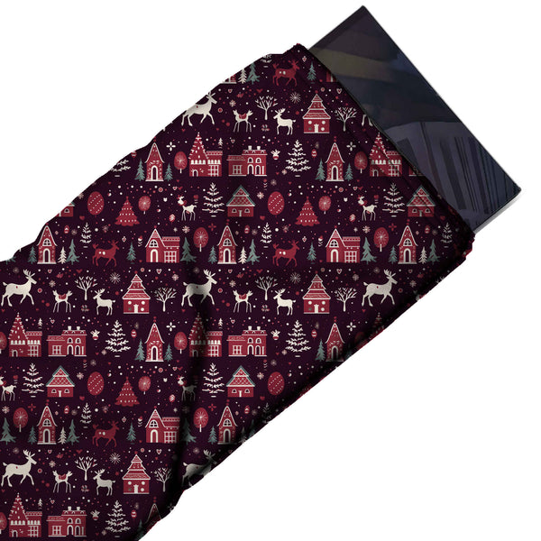 Dark Plum & Raspberry Red Leaping Reindeer & Houses Printed Pure Natural Crepe Fabric