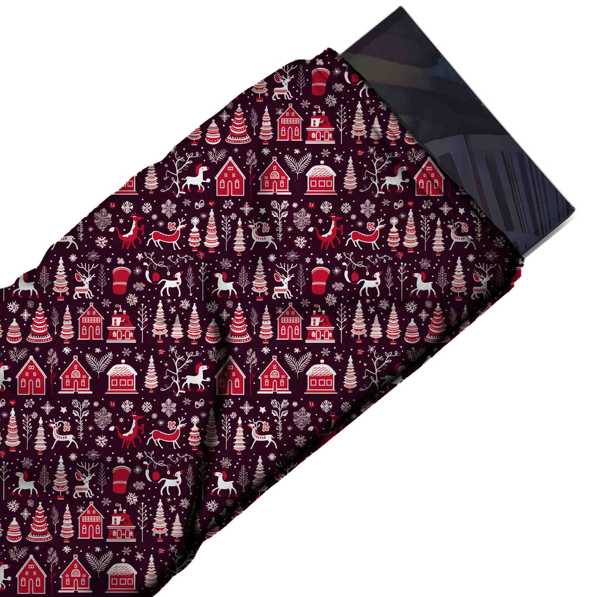 Flat fabric swatch: row-set all-over Nordic-style print of red gabled houses, design Design No_4634, Clothwala