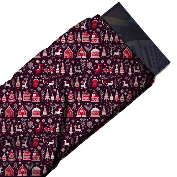 Dark Plum & Red Reindeer Rows & Houses Printed Pure Natural Crepe Fabric