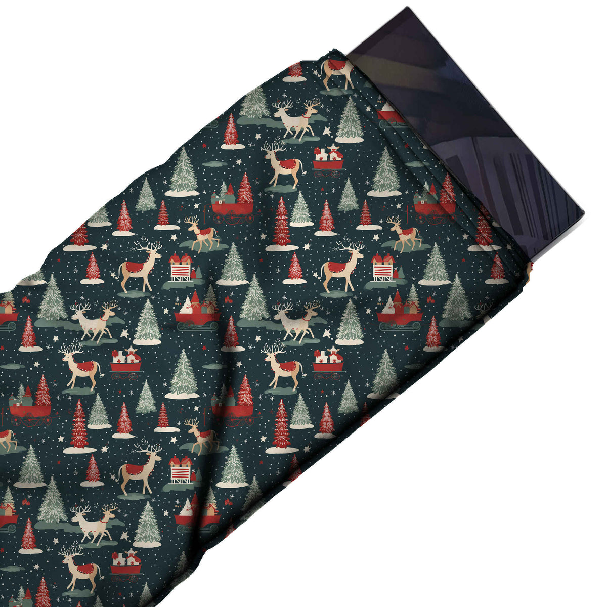 Flat fabric swatch: all-over one-way print of cream reindeer with brick red saddles, design Design No_4731, Clothwala