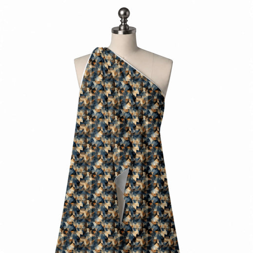 Dark Slate Blue & Tan Mosaic Facets Printed Crepe Fabric