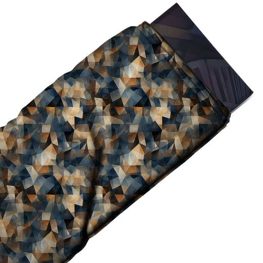 Flat fabric swatch: dense all-over mosaic of small shaded triangles and squares, tan, design 3508, Clothwala