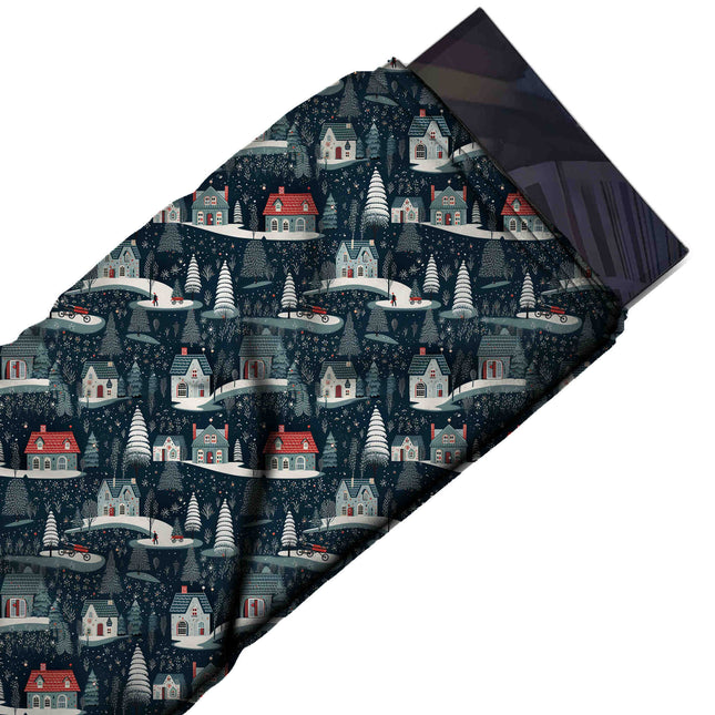 Flat fabric swatch: one-way all-over scenic print of small grey-blue and white cottages, design Design No_4655, Clothwala