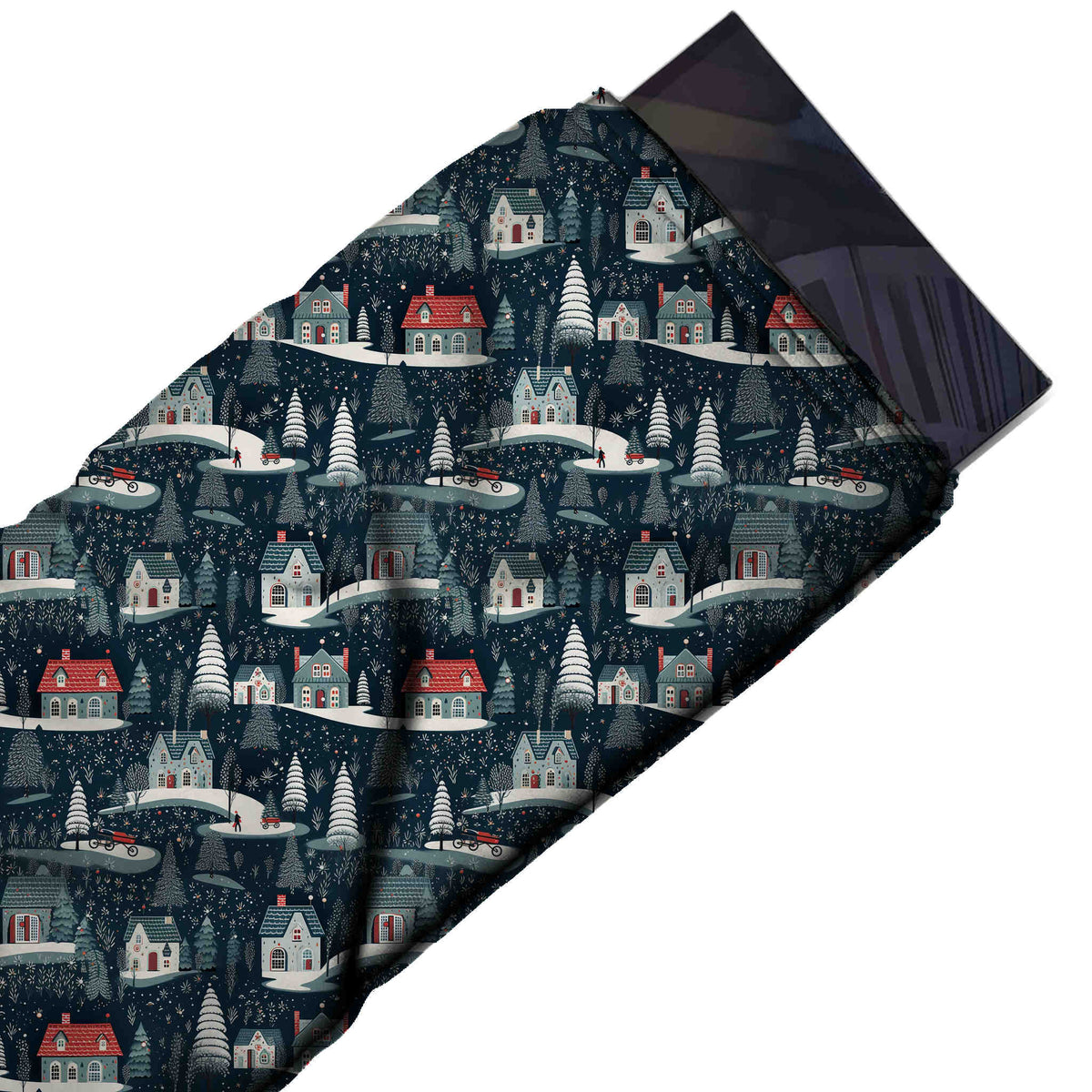 Flat fabric swatch: one-way all-over scenic print of small grey-blue and white cottages, design Design No_4655, Clothwala