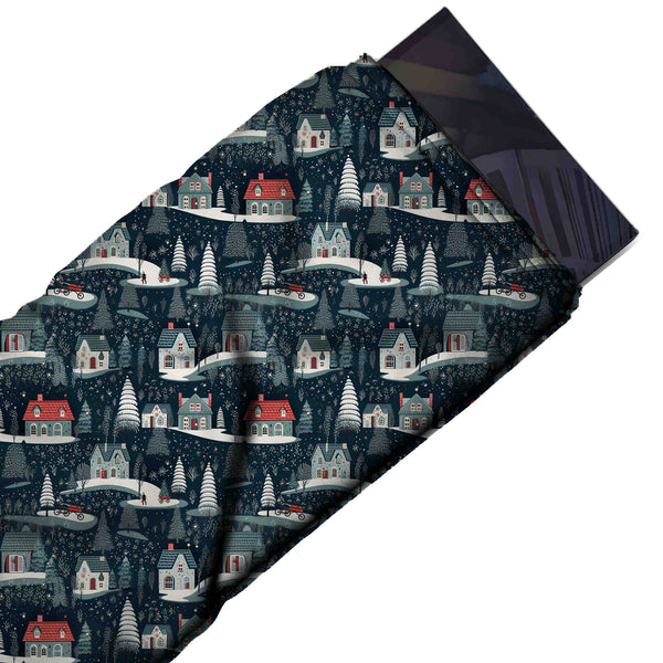 Dark Slate Blue & White Red Roof Snow Paths Printed Pure Natural Crepe Fabric