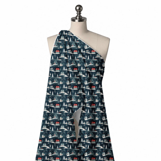 Draped on a mannequin: one-way all-over scenic print of small grey-blue and white, design Design No_4655, Clothwala