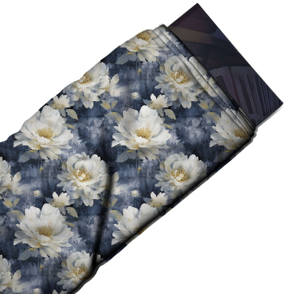 Dark Slate Navy & White Moody White Peonies Printed Moss Crepe Fabric