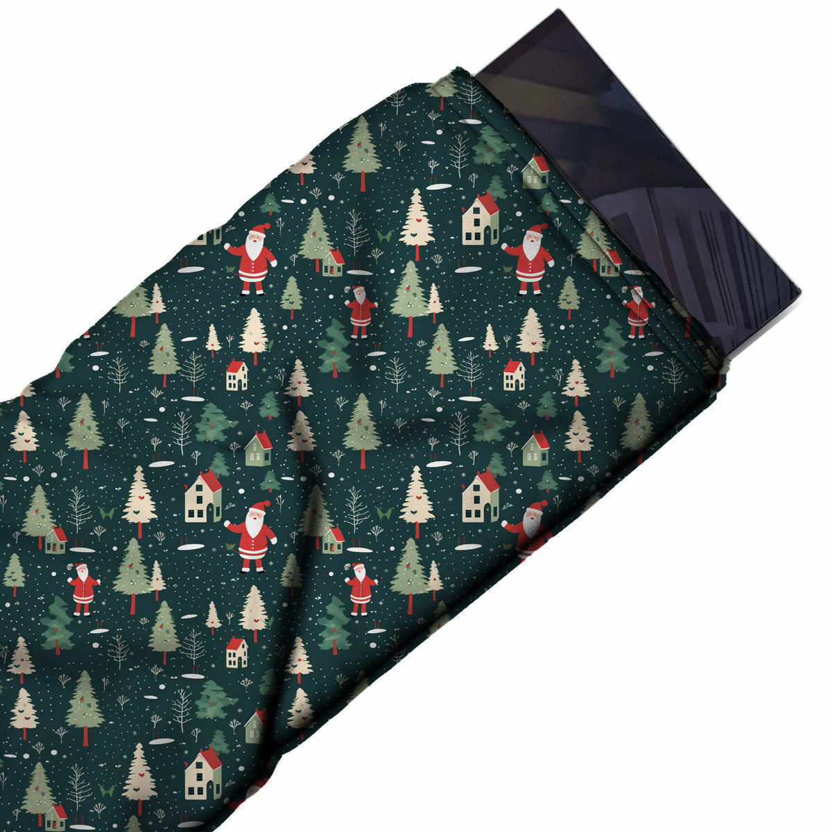Flat fabric swatch: spaced all-over one-way print of cream and sage fir trees, design Design No_4821, Clothwala