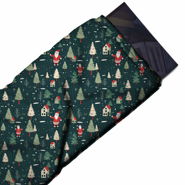 Dark Slate Teal & Cream Winter Village & Santa Printed Printed American Crepe Fabric Fabric