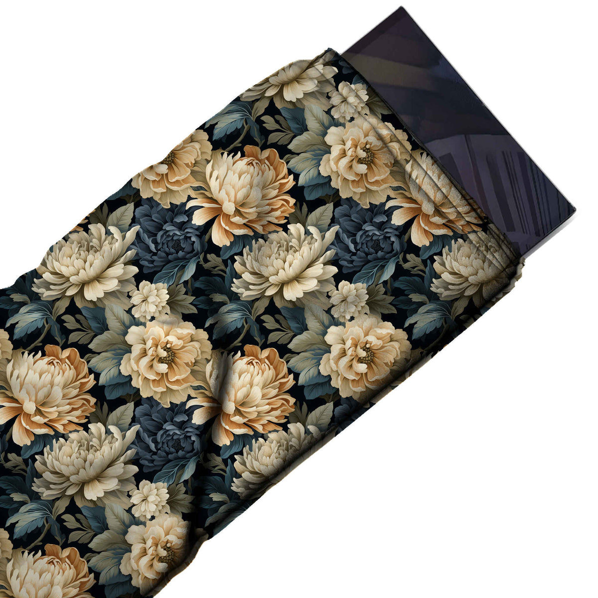 Dark Teal Black & Cream Packed Chrysanthemum & Peony Printed Moss Crepe Fabric - flat fabric swatch, design Design No_3768, Clothwala