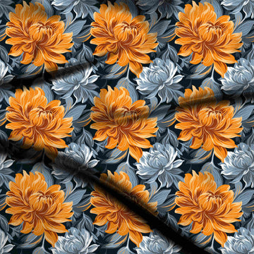 Dark Teal Black & Orange Chrysanthemum Printed Pure Natural Crepe Fabric