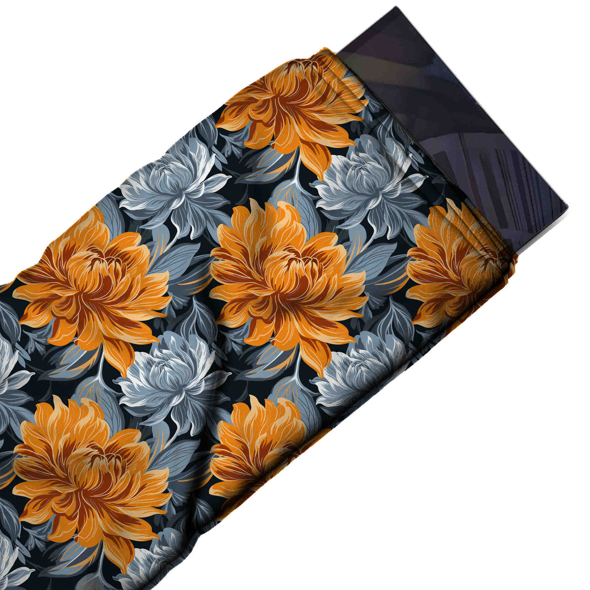Flat fabric swatch: large-scale all-over floral with shaded orange chrysanthemum-type, design Design No_4296, Clothwala