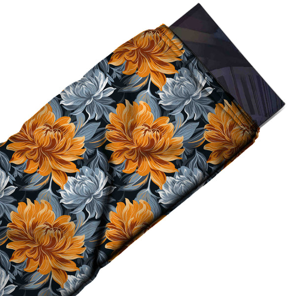 Dark Teal Black & Orange Chrysanthemum Printed Pure Natural Crepe Fabric