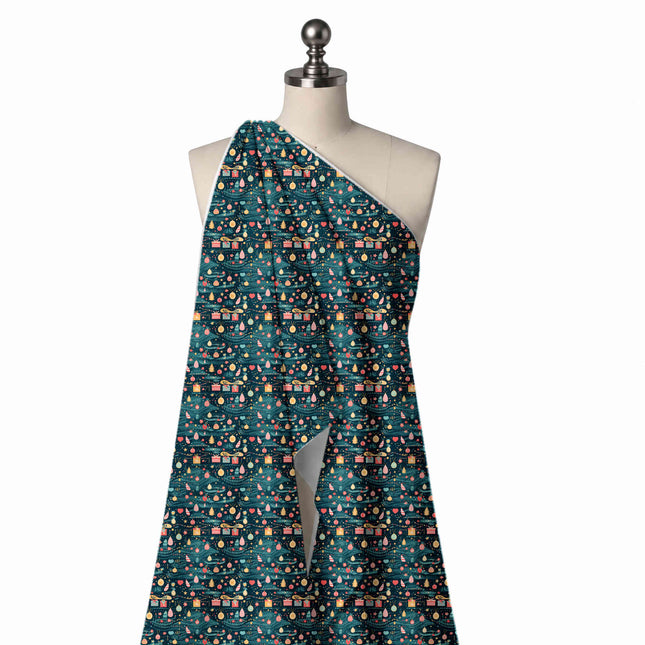 Draped on a mannequin: busy one-way festive print of small coral-striped and yellow, design Design No_4915, Clothwala