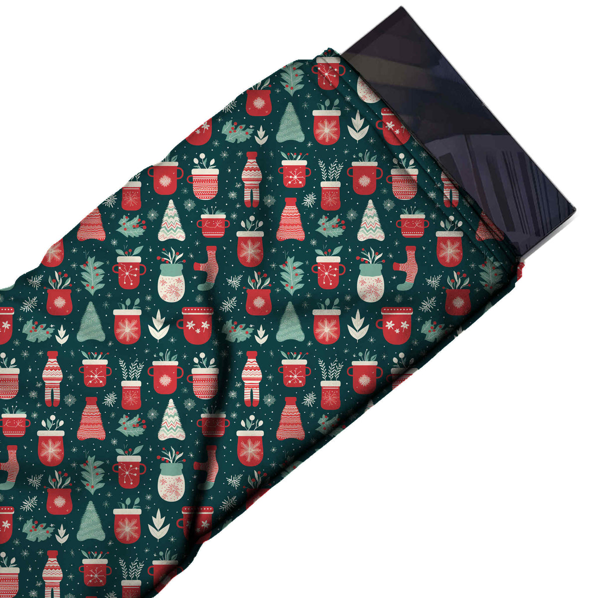 Flat fabric swatch: all-over one-way print of red mugs and pots with white snowflakes, design Design No_4697, Clothwala