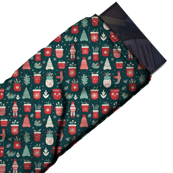 Dark Teal & Coral Red Snowflake Mugs & Socks Printed Printed American Crepe Fabric Fabric