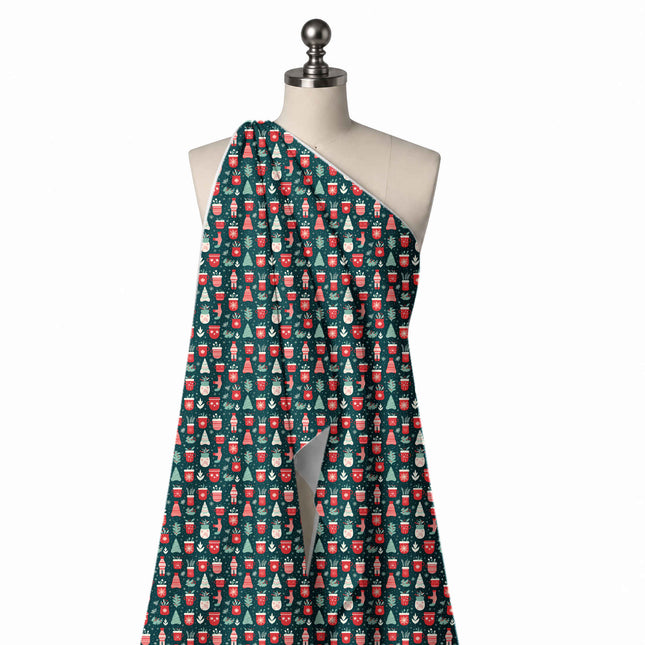 Draped on a mannequin: all-over one-way print of red mugs and pots with white snowflakes, design Design No_4697, Clothwala