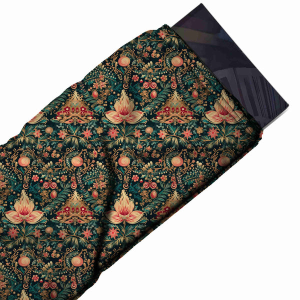 Dark Teal Green & Peach Lotus & Ferns Printed Viscose Muslin Fabric