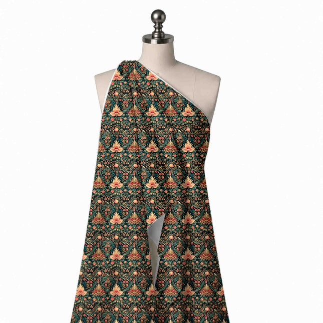 Draped on a mannequin: dense symmetrical tapestry-style print of upright peach lotus-like, design Design No_4922, Clothwala