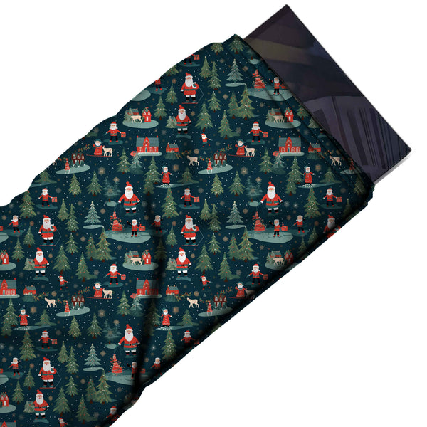 Dark Teal & Green Santa Cabins & Reindeer Printed Printed American Crepe Fabric Fabric
