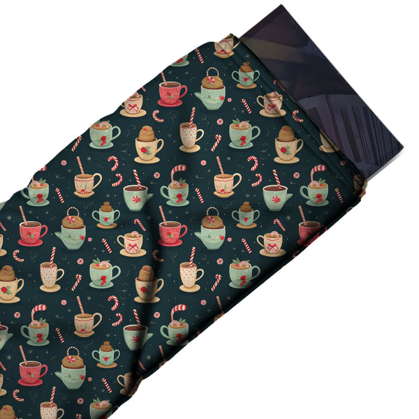 Dark Teal & Mint Green & Cream Teacups Printed Printed American Crepe Fabric Fabric