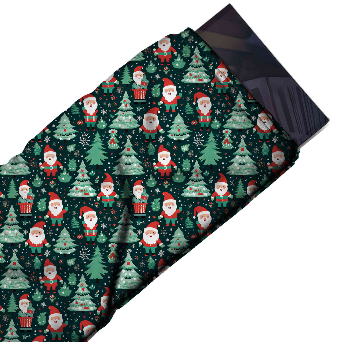 Flat fabric swatch: all-over one-way festive print of cartoon Santas with large white, design Design No_4801, Clothwala