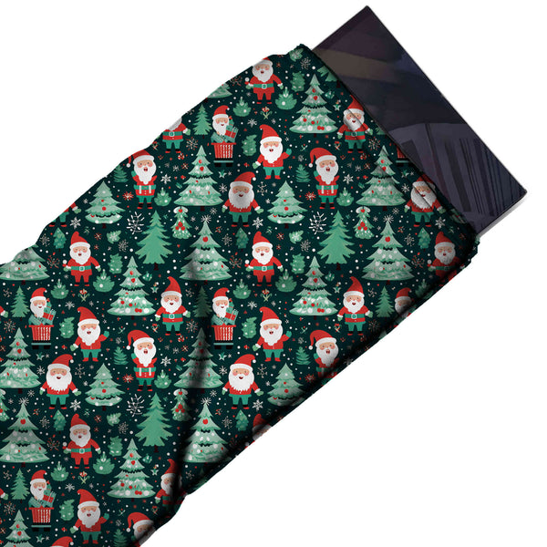 Dark Teal & Mint Green Santa & Mint Trees Printed Printed American Crepe Fabric Fabric