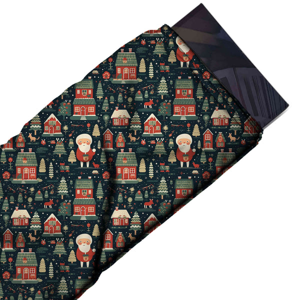 Dark Teal Navy & Coral Red Santa & Red Houses Printed Printed American Crepe Fabric Fabric