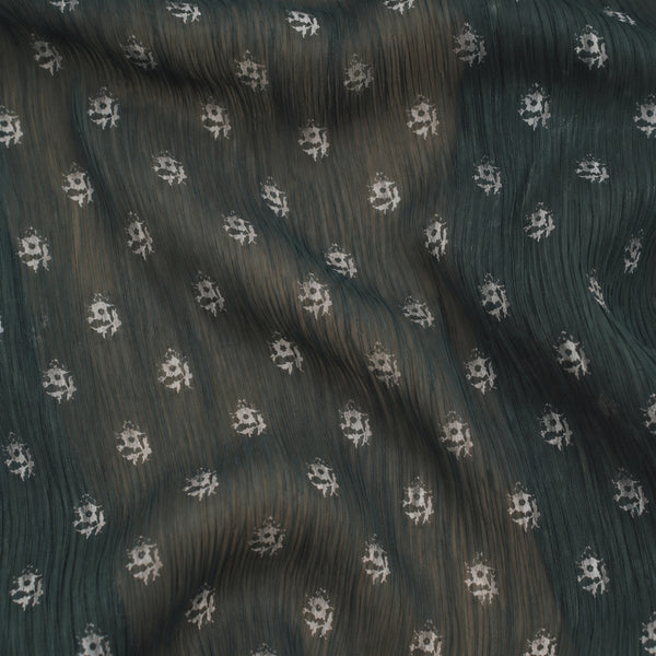 Dark Teal & Off-White Ditsy Floral Clusters Printed chiffon Fabric