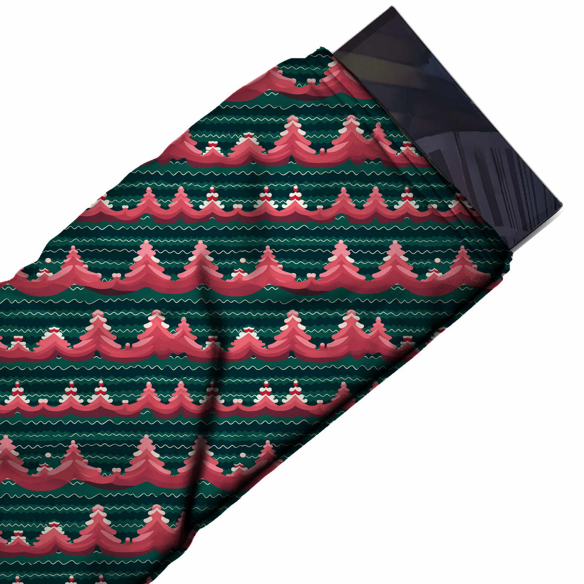 Flat fabric swatch: horizontal one-way rows of connected pink-red pine trees with white, design Design No_4834, Clothwala