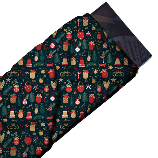 Flat fabric swatch: one-way all-over festive print of small red ornaments and jars with, design Design No_4678, Clothwala